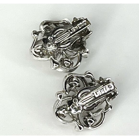 Vintage 1950s Signed Lisner Silver Crystal Rhinestone Flower CLIP ON EARRINGS 1" - Picture 3 of 5